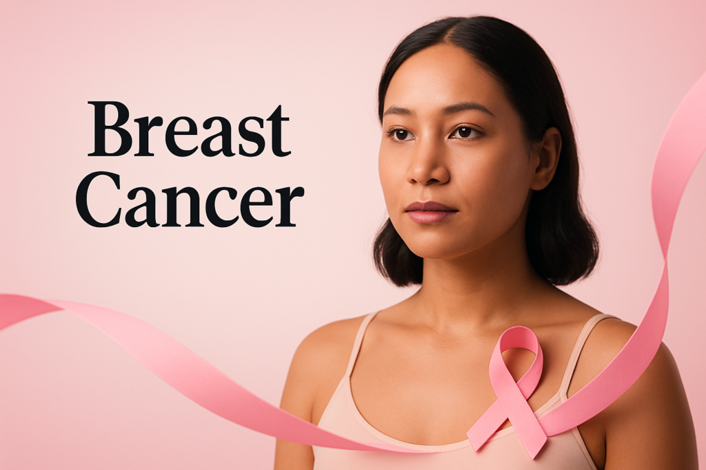 what is breast cancer 3D featured image with a woman and pink ribbon
