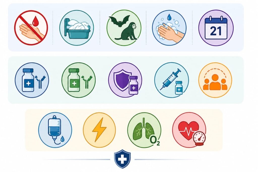Ebola rash prevention, treatment, vaccination and supportive care infographic with medical icons.