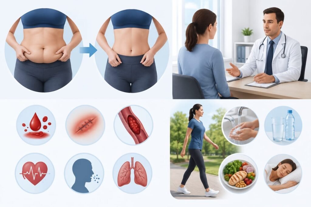 Weight loss surgery risks and recovery illustration showing doctor consultation, surgical complications, and healthy recovery habits.