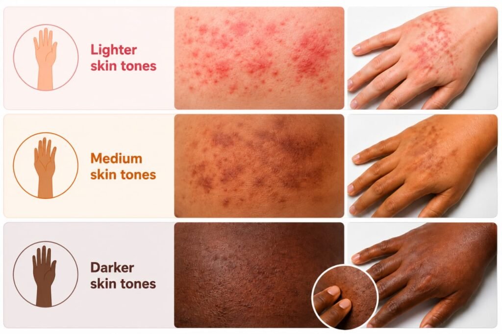 Ebola rash appearance on lighter, medium, and darker skin tones showing differences in visibility and skin texture changes.