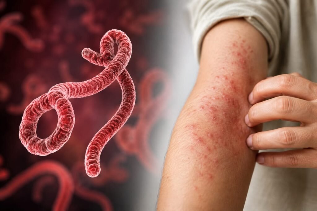 ebola virus symptoms rash on human skin with ebola virus illustration