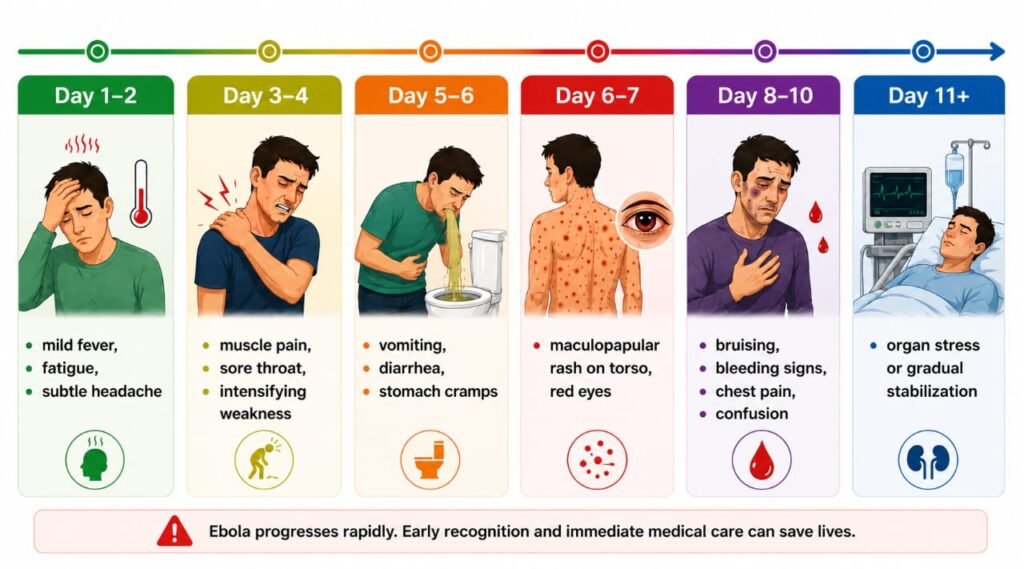 Ebola symptoms progression timeline showing day by day stages
