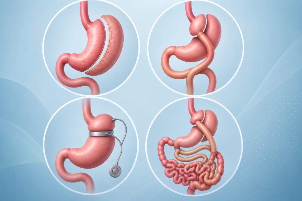 How to lose weight with surgery illustration showing different bariatric surgery procedures including gastric sleeve, gastric bypass and gastric band.