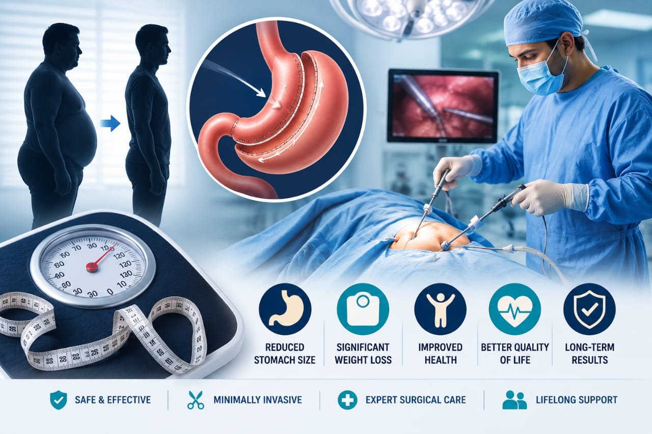 How to lose weight with surgery showing bariatric surgery procedure, stomach reduction and weight loss transformation